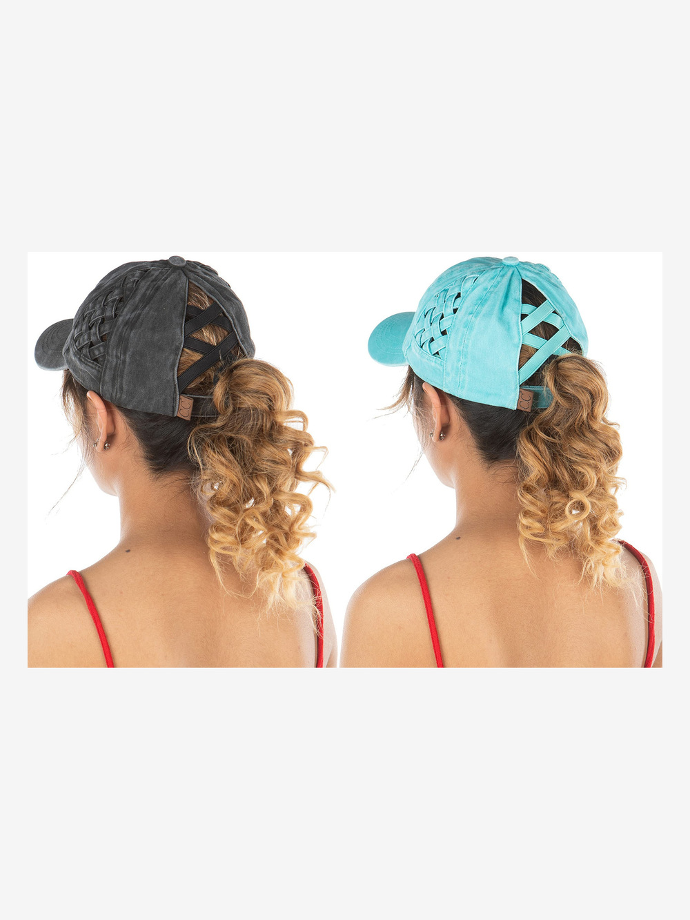 Criss Cross Ponytail Cap, Messy Bun | 2 Packs, Basketweave Black, Mint | Size OS